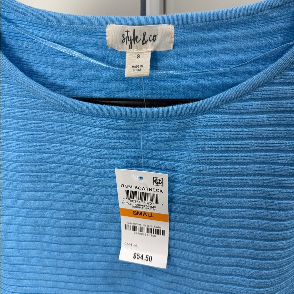 Style & Co Boatneck Rib Pullover Oversized Sweater Bright Skies Size Small NWT - Picture 3 of 8
